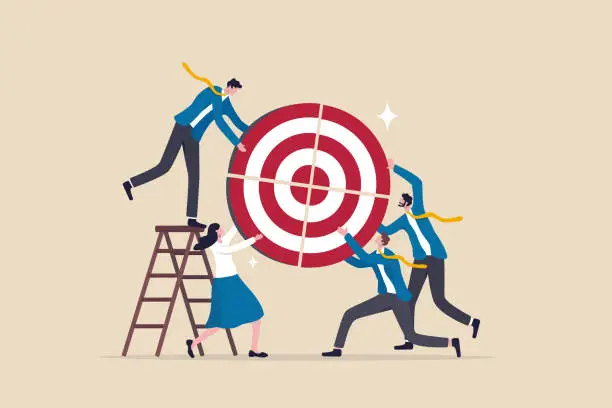 Vector illustration of Organization objectives, purpose or business goal and achievement, company target, teamwork develop objective together or ambition, collaboration concept, business people connect target together.