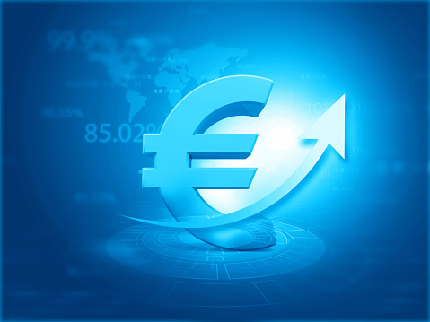 Euro sign with growth arrow on financial background. 3d illustration