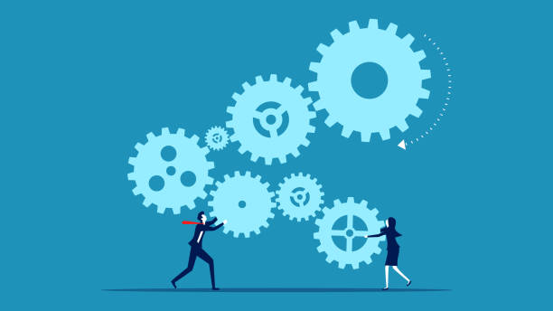 Business woman and man connecting gears. Collaborate and Integrate Business woman and man connecting gears. Collaborate and Integrate Vector woman pushing tire stock illustrations