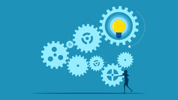 istock Businesswoman connects gears to light bulbs. Driving creative ideas vector 1591477084