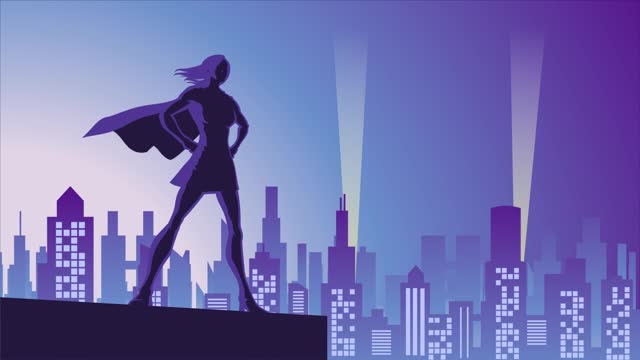 Looping Solo Female Superhero Silhouette in a City Stock Animation Video