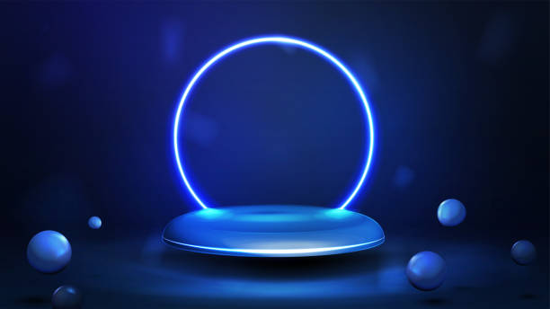 istock Blue podium floating in the air with blue neon ring on background. 1591502322