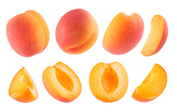 istock Ripe orange apricot with pink side - set isolated on white background, whole and cut on half, pieces, different sides, closeup, details. Summer fresh natural fruits as design elements. 1591513465