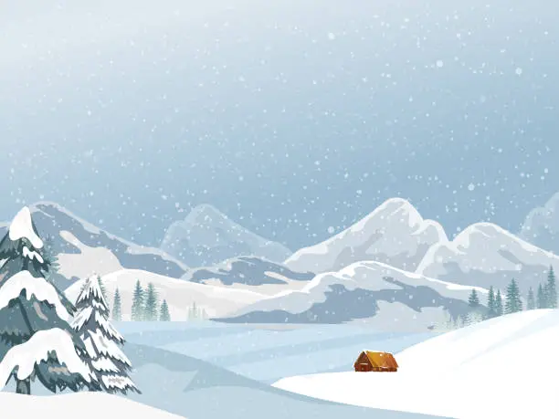 Vector illustration of Winter with Snowy Mountains landscape Forest Pines Tree and Wood Barn on Field.Vector Banner Cartoon Horizon Natural Scenery for New Year,Christmas background,Web Banner,Calendar Cover,Greeting card