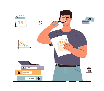 Tax Audit, Calculation, Report. Financial consultant or advisor working with magnifier, documents, prepares Tax Report. Accounting Concept. Cartoon flat vector illustration.
