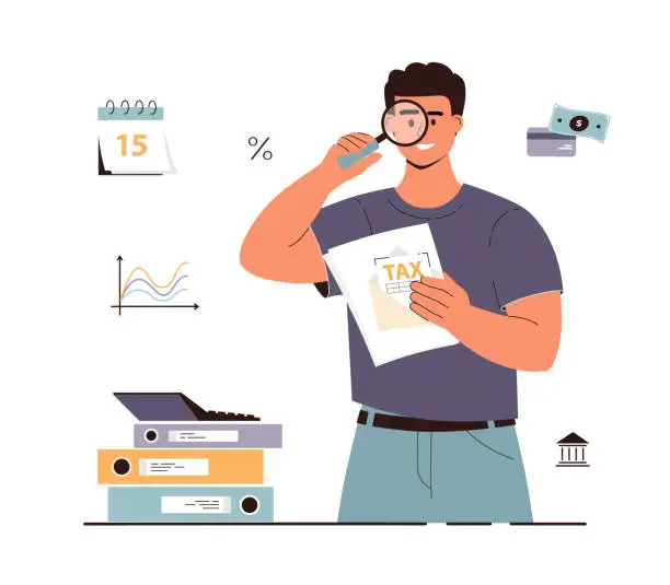 Vector illustration of Tax Audit, Calculation, Report. Financial consultant or advisor working with magnifier, documents, prepares Tax Report. Accounting Concept. Cartoon flat vector illustration.