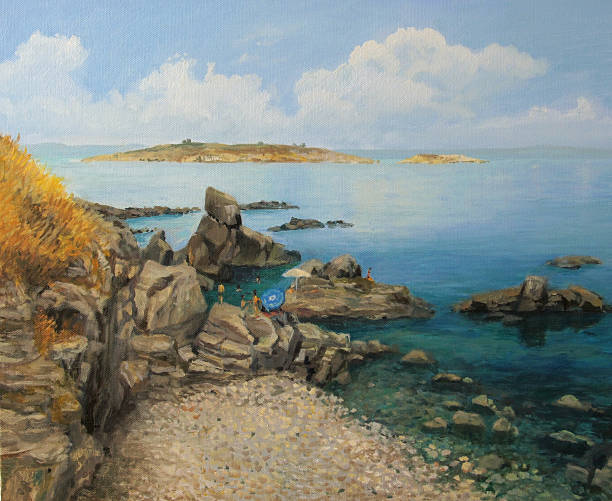 ilustrações, clipart, desenhos animados e ícones de verão no sozopol's seacoast - illustration and painting stone beach cliff