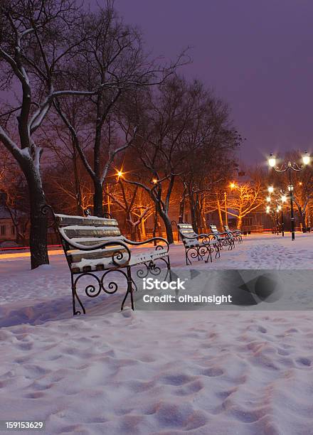Foto de Park No Inverno Noite e mais fotos de stock de Avenida - Avenida, Banco - Assento, Banco de Parque