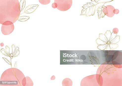istock Design for a card embellished with an illustration of a flower. Gold flowers, pink polka dots. Vector elements on white background. 1591564496