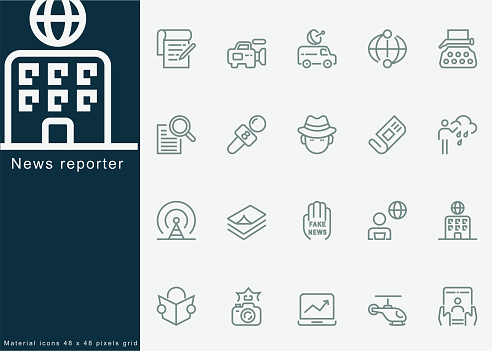 News reporter, journalism, News Media, Newspaper, fake, television broadcasting, Copywriting, Writing, Reading, TV Station, Interview, article, report, radio, internet. For Mobile and Web.Line Icons