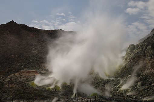 Sulphur pieces on Iozan (sulfur mountain) active volcano area, Akan National Park, Hokkaido, Japan