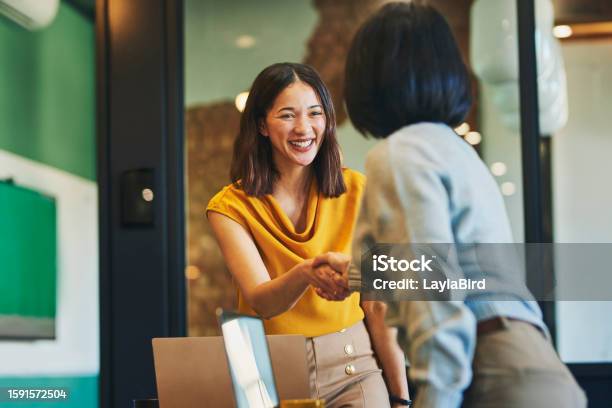 Cheerful Businesswomen Shaking Hands In Meeting Room Stock Photo - Download Image Now