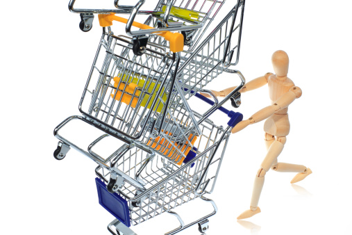 puppetry models pushing many shopping carts