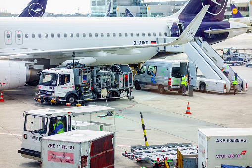 Frankfurt, Germany - September 05, 2019: Refueling of an airplane at an airport