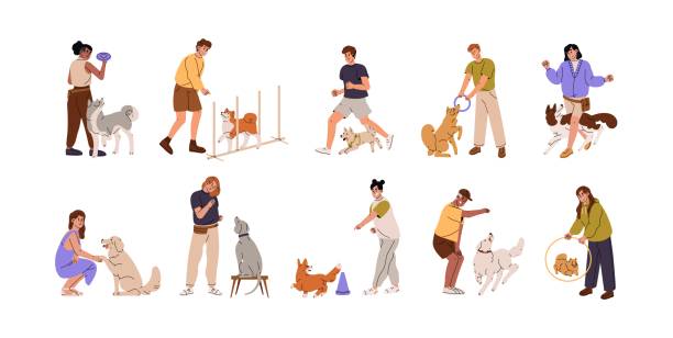 trenerzy psów, właściciele trenujący psy zwinność, posłuszeństwo, edukację. ludzie wydający polecenia szczeniętom, ćwiczący z pieskami, uczący szczenięta. płaskie ilustracje wektorowe izolowane na białym tle - agility stock illustrations