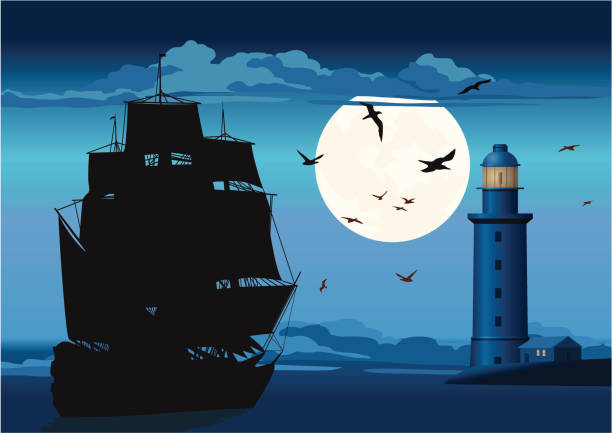 illustrazioni stock, clip art, cartoni animati e icone di tendenza di maestoso pirata vela nave e faro - caravel nautical vessel sailing ship passenger ship