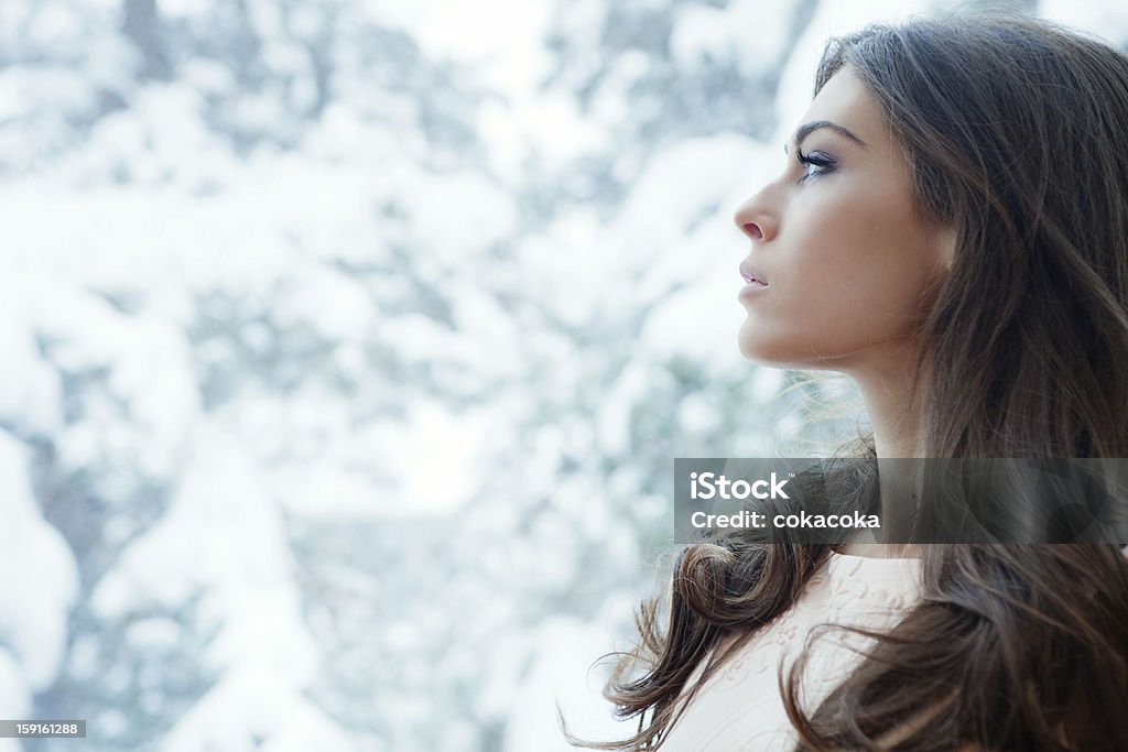 winter portrait winter portrait of young woman by window Adult Stock Photo