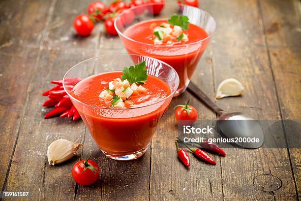 Gazpacho On A Wooden Table Surrounded By Ingredients Stock Photo - Download Image Now