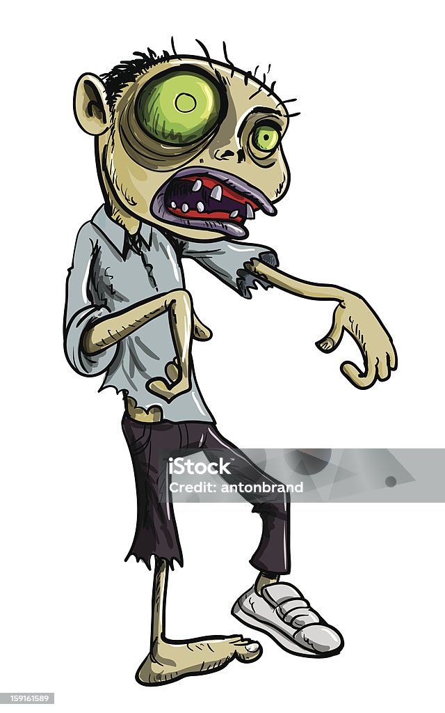 Cartoon illustration of green zombie Cartoon illustration of a ghoulish undead green zombie in tattered clothing with a skull-like face and cavernous glowing eye , isolated on white Adult stock vector