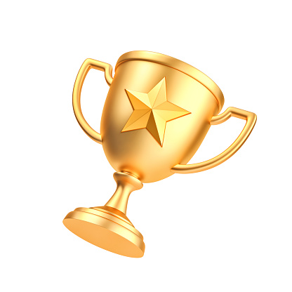 Golden champion cup with star isolated on white backgroung. 3D rendering with clipping path