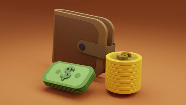 3D Wallet and Money and Coins on solid background 3D illustration rendering