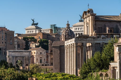 A view of the Roman Forum with the Altare della Patria (Vittoriano) in the background, Rome, Italy.