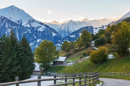 A landscape of Chamonix-Mont-Blanc town in spring with Mont-Blanc mountain in the background, France