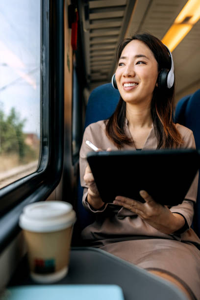 istock Smiling beautiful woman with headphones using digital tablet while riding in a train 1591658028