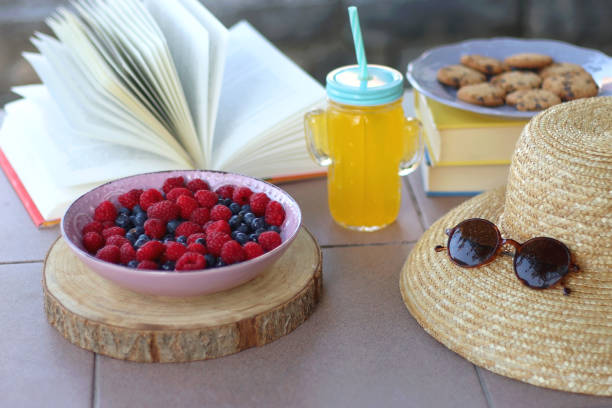 Straw hat, orange soda in the cactus shaped cup, bowl of fresh blueberreis and raspberries, plate of chocolate chip cookies, stack of books and sunglasses in the garden. Selective focus.