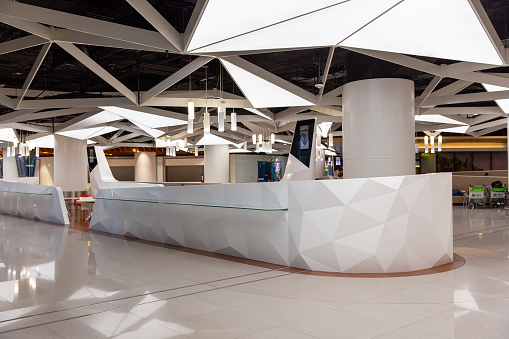 Muscat, Oman - May 28, 2023: Modern interior of the airport building in Muscat. Sultanate of Oman