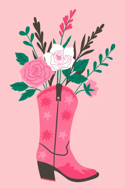 Vector illustration of Postcard flowers in a trendy cowgirl boot . Vector graphics.