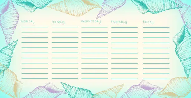 Vector illustration of Weekly timetable with hand drawn seashells, ocean theme of summer holidays and good memories.