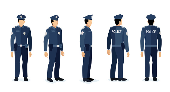 Police officer poses set. Cartoon police officer man character working in office or street postures