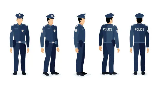 Vector illustration of Police officer poses set. Cartoon police officer man character working in office or street postures