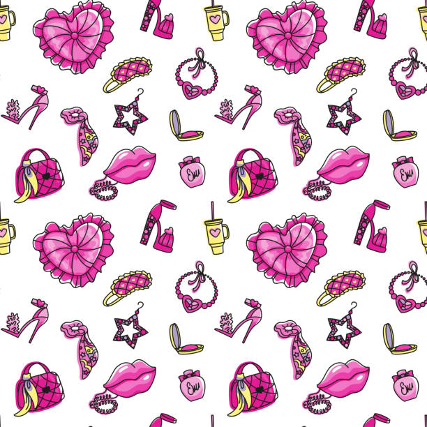 illustrations, cliparts, dessins animés et icônes de accessoires de mode pour filles et beau style de vie, routine de fille en couleurs roses - pink background audio
