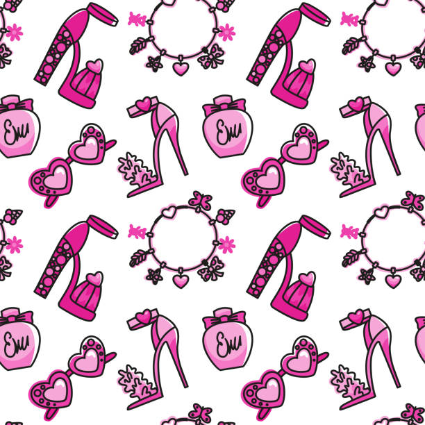 illustrations, cliparts, dessins animés et icônes de chaussures à talons hauts, parfum, collier, lunettes de soleil et autres accessoires d’une femme à la mode. imprimé rose. - pink background audio