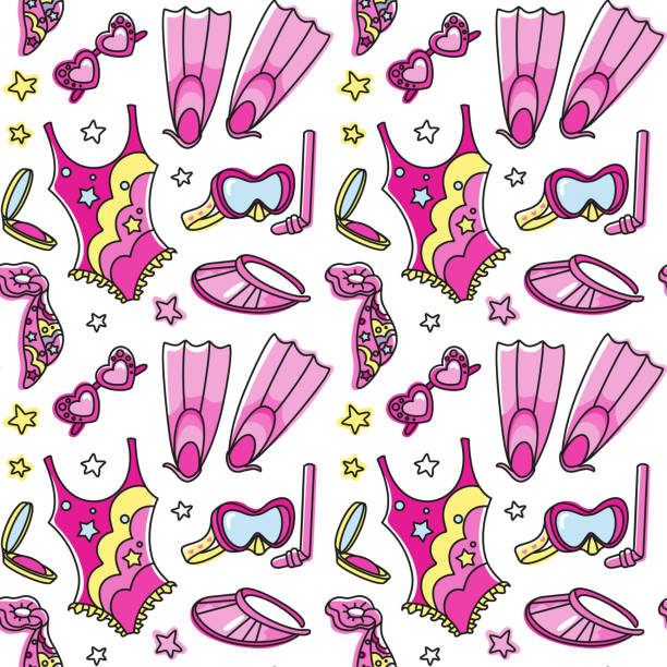 illustrations, cliparts, dessins animés et icônes de maillot de bain, masque de plongée, palmes et autres accessoires d’été de couleurs roses. - pink background audio
