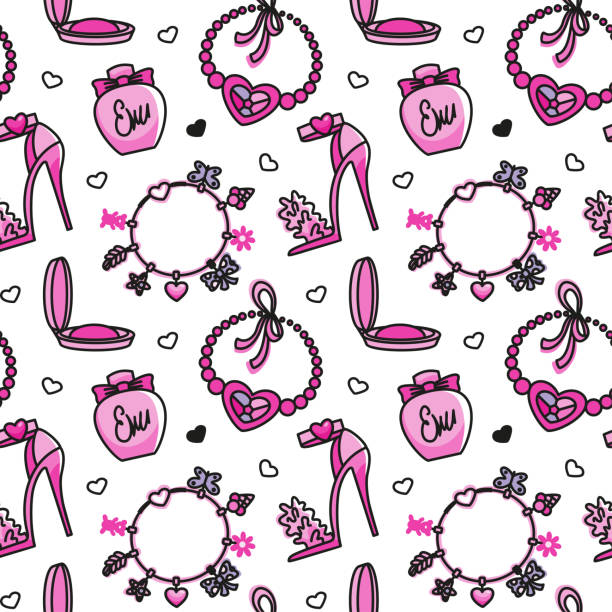 illustrations, cliparts, dessins animés et icônes de chaussures à talons hauts, parfum et collier et autres accessoires de mode pour femme. - pink background audio