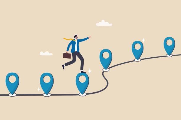 stockillustraties, clipart, cartoons en iconen met roadmap, project milestone or business journey achievement, workflow or process timeline to success, step planning or progress concept, businessman run on milestone location pin on business roadmap. - levensgebeurtenissen