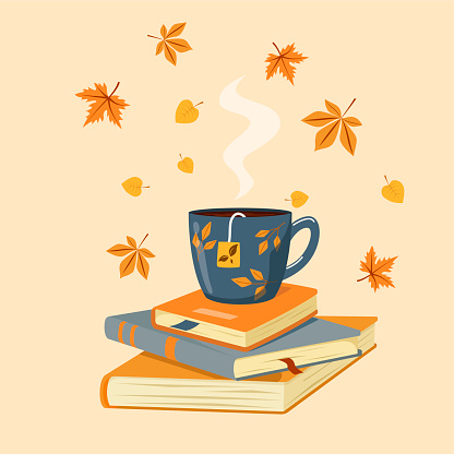 Vector autumn illustration of a cup of hot tea on books with falling autumn leaves. Cozy autumn. Autumn banner, image, postcard.