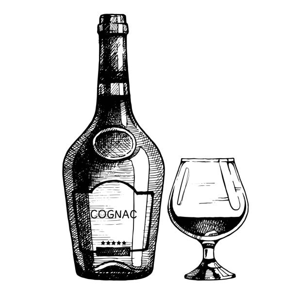 グラスとコニャックの手描きのボトル。ベクターイラスト、インクスケッチ - wine abstract drink alcohol点のイラスト素材／クリップアート素材／マンガ素材／アイコン素材