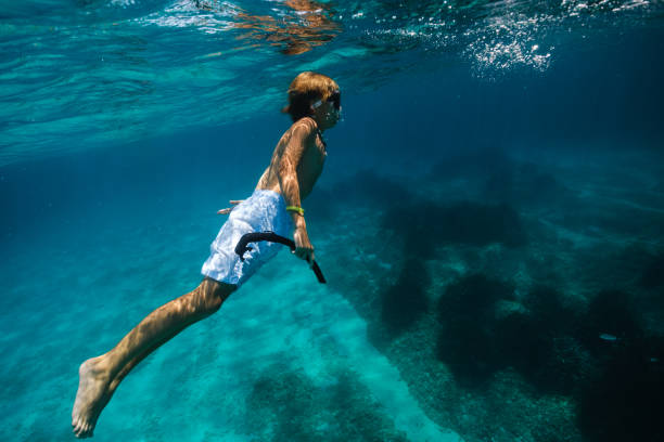 istock Boy in diving mask swimming underwater 1591705015