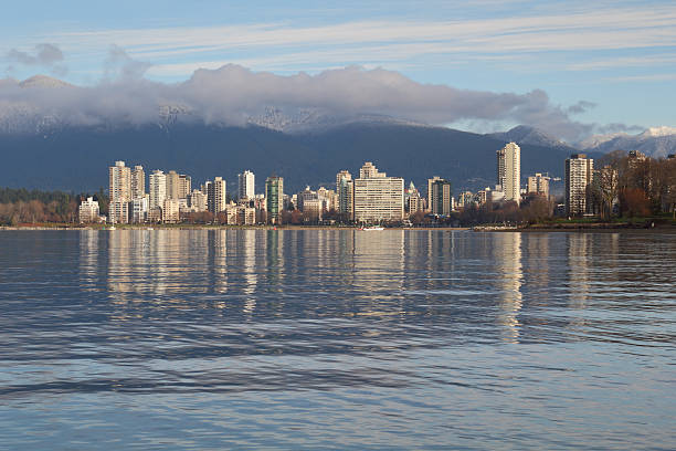 Tranquil English Bay, Vancouver Cityscape The view across the calm water English Bay of the apartments and condominiums of the West End, and the snow capped North Shore Mountains in Vancouver, British Columbia, Canada. beach english bay vancouver skyline stock pictures, royalty-free photos & images