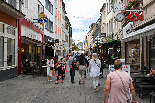 Bad Kreuznach, Germany, July 20, 2023 - Shopping street (Mannheimer Strasse / Kreuzstrasse) in Bad Kreuznach, Rhineland-Palatinate.