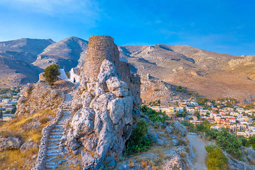 Ruins of the old castle called Chrysocheria castle or Pera Kastro in Pothia town, Kalymnos island, Greece.