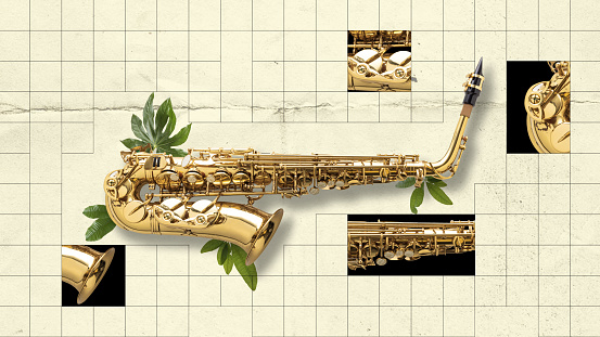 Creative retro style design with beautiful, shiny, gold saxophone. Classical music. Contemporary art collage. Concept of music, festival, creativity and minimalist, surrealism. Poster, ad