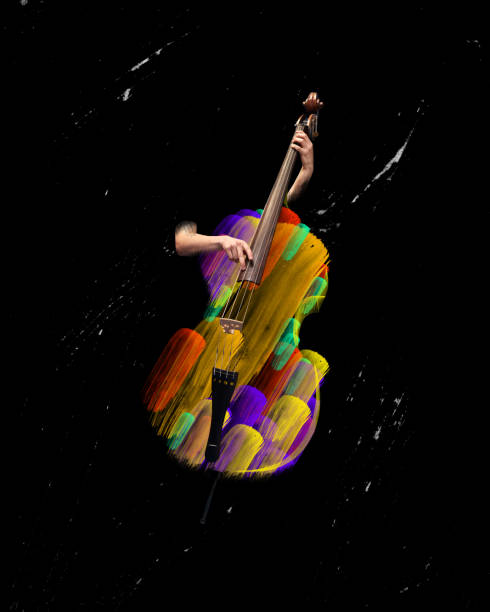 istock Creative abstract design with human hands playing contrabass over dark background. Colorful splashes. Contemporary art collage 1591750576
