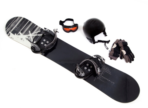 black snowboard equipment isolated on white background