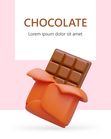 Vertical poster with 3D half opened chocolate bar. Template on colored background, place for text. Concept for sweet shops, manufacturers, products with chocolate flavor, aroma