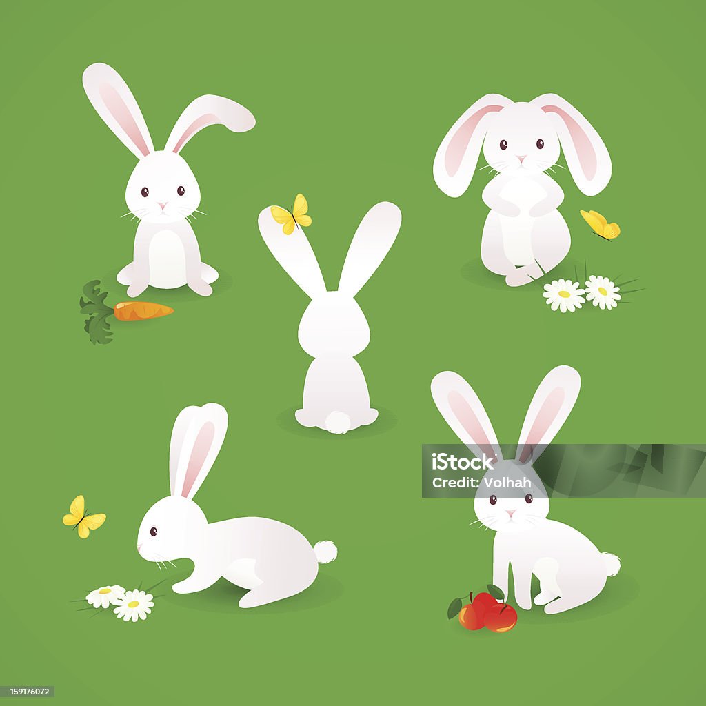 Cute bunnies Set of five cute bunnies on green background Easter Bunny stock vector